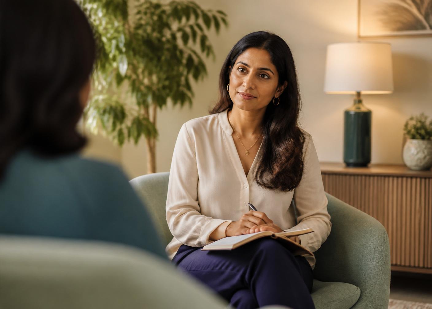 A compassionate therapist in a calm, modern consultation room